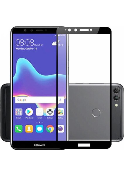 Huawei Y9 2018 Tam Kaplayan Çerçeveli Tempered Ekran Koruyucu  - Siyah