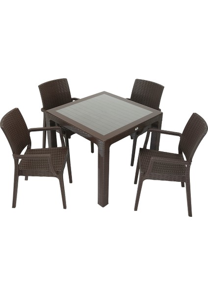 Rattan Elit 90X90 Elit Kollu Sandalye Camlı Masa Takımı