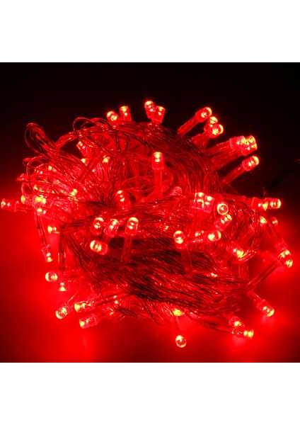 Beyaz Kablolu 100 Ampüllü Led Işık Kırmızı Renk 10 Metre