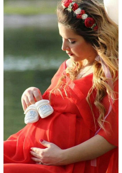 Moda Labio Babyshower Melek Kol Kırmızı Hamile Elbisesi