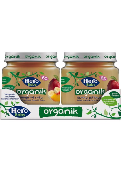 Hero Baby Organik Karışık Meyveli ve Organik Elma Şeftalili Kavanoz Mama 6'lı Karma Paket