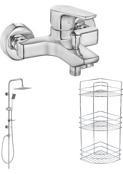 Eca Niobe Banyo Bataryası 482+Tema Quadro Tepe Duş Set+3 Köşe Raf