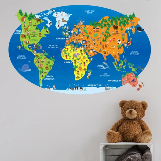 Yapıştırrco Dünya Haritası, Hayvanlar ve Ülke Bayrakları