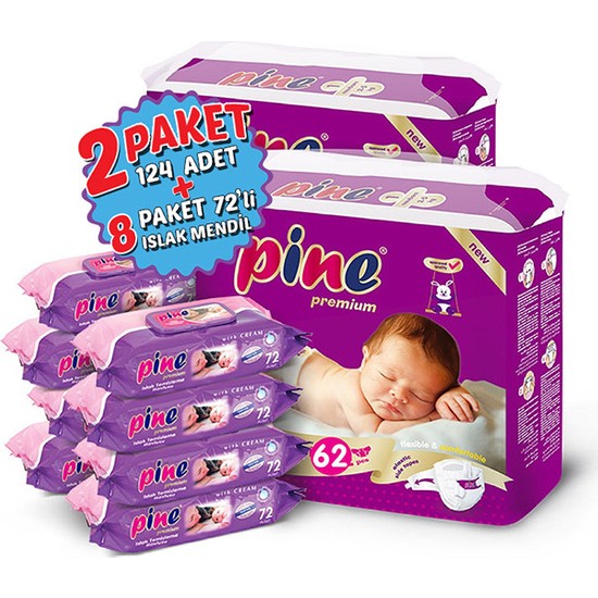 Pine Yenidoğan (25 kg) 124 Adet Bebek Bezi + 8 Paket Islak Fiyatı