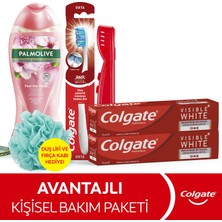 Colgate Diş Macunu 75 ml x2, Orta Diş Fırçası, Palmolive Duş Jeli 500 ml + Duş Lifi & Fırça Kabı