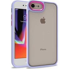 Case World Apple iPhone 8 ile Uyumlu Kapak Metal Kamera Korumalı Arkası Şeffaf Silikon ile Uyumlu Kılıf - Lila