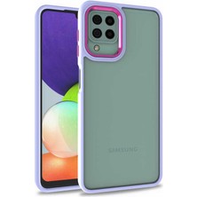 Case World Samsung Galaxy M12 ile Uyumlu Kapak Metal Kamera Korumalı Arkası Şeffaf Silikon ile Uyumlu Kılıf - Lila