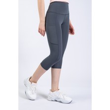 The Step Sports Snc Kadın Gri Cepli Yüksek Bel Toparlayıcı, Kapri Yoga Tayt 19"