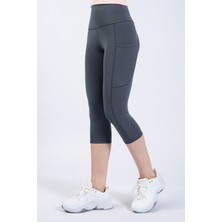 The Step Sports Snc Kadın Gri Cepli Yüksek Bel Toparlayıcı, Kapri Yoga Tayt 19"