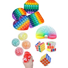 Stres Giderici Set 1 Popit 1 Rubik Zeka Küpü 1 Stres Yayı 1 Beyin Şekilli Stres Topu