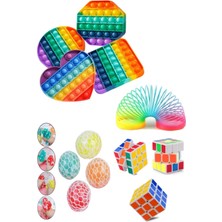 Stres Giderici Set 1 Popit 1 Rubik Zeka Küpü 1 Stres Yayı 1 Beyin Şekilli Stres Topu