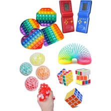 Stres Giderici Set 1 Popit 1 Rubik Zeka Küpü 1 Stres Yayı 1 Beyin Şekilli Stres Topu 1 Tetris Atari