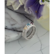 Filigran Silver 925 Ayar Otantik Telkari Doğal Turmalin Topaz ve Opal Taşlı Alyans Kadın Gümüş Yüzük