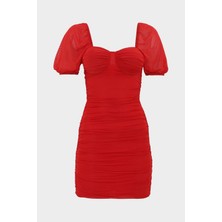 Açelya Okcu Balenli Drape Detaylı Likralı Tül Elbise