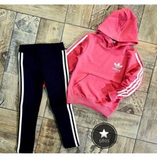 Modavals Adidas Nakişli Kapişonlu Kanguru Cepli Taytli Kiz Çocuk Eşofman Takimi - Pembe