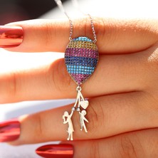 Renkli Taşlı Büyük Balonlu Kız Gümüş Kolye