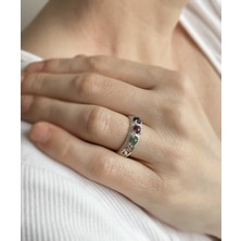 Filigran Silver 925 Ayar Otantik Telkari Sanatı Opak Yakut, Safir ve Zümrüt Alyans Kadın Gümüş Yüzük