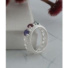 Filigran Silver 925 Ayar Otantik Telkari Sanatı Opak Yakut, Safir ve Zümrüt Alyans Kadın Gümüş Yüzük
