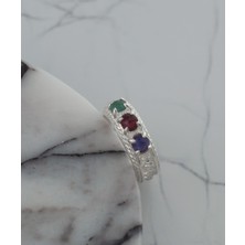 Filigran Silver 925 Ayar Otantik Telkari Sanatı Opak Yakut, Safir ve Zümrüt Alyans Kadın Gümüş Yüzük