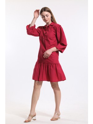 Sense Önü Düğmeli Gömlek Yakalı Uzun Kol Elbise | ELB34187 Fuşya