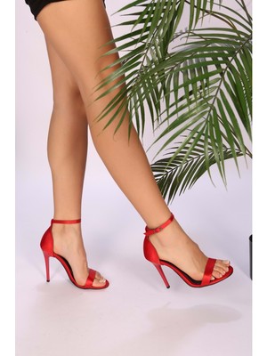 Shoeberry Kadın Kırmızı Saten Tek Bantlı Topuklu Ayakkabı