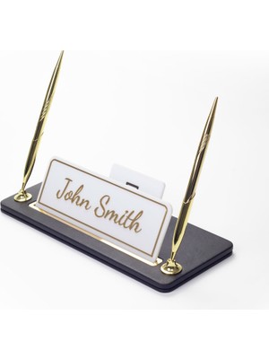 Turgut Office Iki Kalemli Deri Masa Isimliği Düz Siyah Gold Detaylı