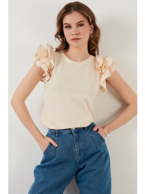 Lela Kolları Fırfırlı Slim Fit Bisiklet Yaka % 100 Pamuk T Shirt Bayan T Shirt 5864500