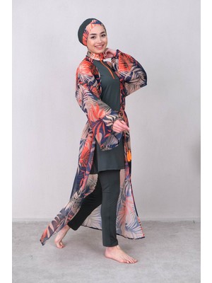 Marina Haki Kadın Tesettür Mayo Üzerine Kimono Pareo P2204
