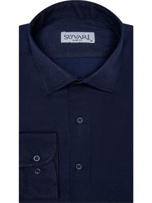 Süvari Slim Fit Armür Desenli Lacivert Erkek Gömlek