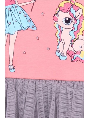 Breeze Kız Çocuk Uzun Kollu Elbise Unicorn Baskılı Somon Modi (2-6 Yaş)