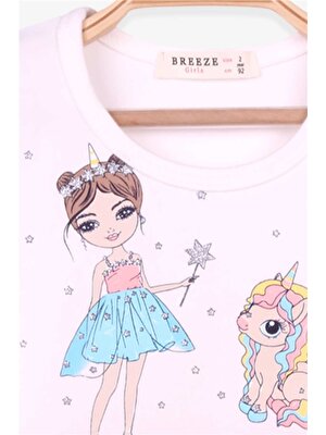 Breeze Kız Çocuk Uzun Kollu Elbise Unicorn Baskılı Ekru Modi (2-6 Yaş)