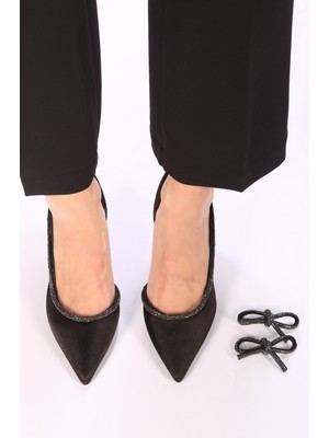 Shoeberry Kadın Siyah Saten Fiyonklu Taşlı Topuklu Ayakkabı