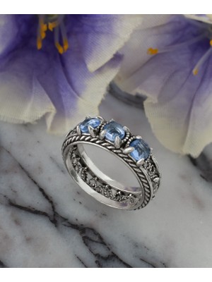 Filigran Silver 925 Ayar Otantik Telkari Doğal Mavi Kuvars Taşlı Alyans Kadın Gümüş El İşi Yüzük