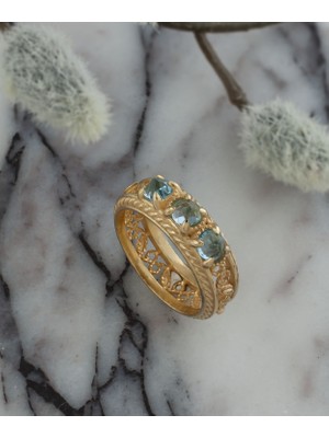 Filigran Silver 925 Ayar Altın Kaplama Otantik Telkari Mavi Topaz Taşlı Alyans Kadın Gümüş Yüzük