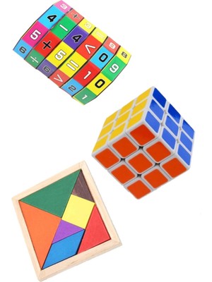 3'lü Eğitici Oyuncak Seti Zeka Küpü Matematik Işlem ve Ahşap Tangram Set