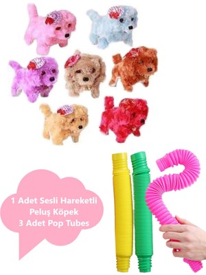 Sesli Hareket Eden Havlayan Oyuncak Peluş Köpek ve 3'lü Pop Tubes Popit Eğitici Set