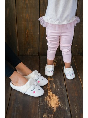 First Step Yünlü Kuzu Anne Terlik ve Bebek Panduf Kaydırmaz Tabanlı Düz Topuklu Set
