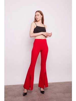 Jument Kadın Yüksek Bel Önü Dikişli Yırtmaçlı Ispanyol Paça Likralı Kumaş Pantolon -Kırmızı
