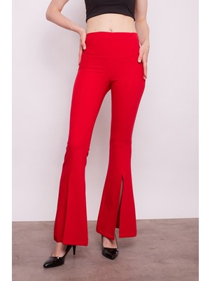 Jument Kadın Yüksek Bel Önü Dikişli Yırtmaçlı Ispanyol Paça Likralı Kumaş Pantolon -Kırmızı