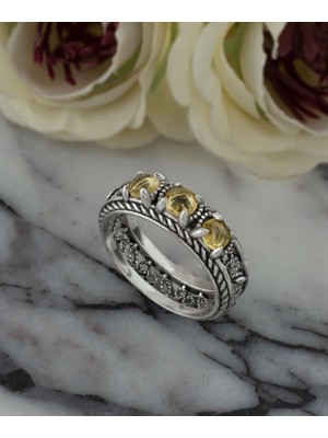 Filigran Silver 925 Ayar Otantik Telkari Doğal Sitrin Taşlı Alyans Kadın Gümüş Yüzük, El Işçiliği