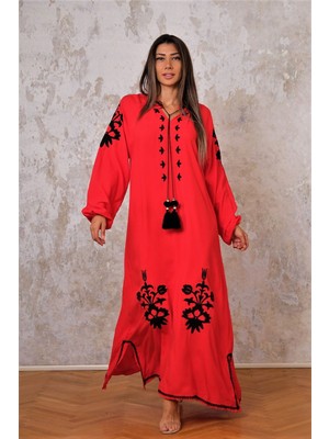 Keyifli Moda Kadın Kırmızı Ottoman Nakışlı Püsküllü Yırtmaçlı Ucu Trimli Uzun Elbise