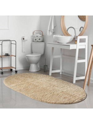 Eurobano Home – Bej Kaymaz Taban Yıkanabilir Işıltılı Oval Halı Banyo Halısı