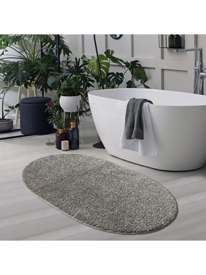 Eurobano Home - Gri Kaymaz Taban Yıkanabilir Shaggy Oval Halı Banyo Halısı