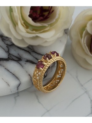 Filigran Silver 925 Ayar Altın Kaplama Otantik Telkari Turmalin Taşlı Alyans Kadın Gümüş Yüzük