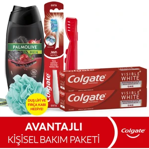 Diş Macunu 75 ml x2, Orta Diş Fırçası, Palmolive Men Duş Jeli 500 ml + Duş Lifi & Fırça Kabı
