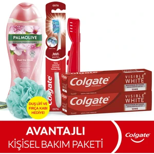 Diş Macunu 75 ml x2, Orta Diş Fırçası, Palmolive Duş Jeli 500 ml + Duş Lifi & Fırça Kabı
