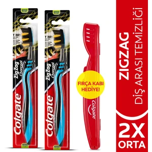 ZigZag Charcoal Diş Arası Temizliği Orta Diş Fırçası x 2 Adet + Diş Fırçası Kabı