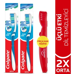 Üçlü Etki Dil Temizleyicili Arka Dişlere Uzanan Orta Diş Fırçası X 2 Adet + Diş Fırçası Kabı