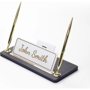 Turgut Office Iki Kalemli Deri Masa Isimliği Düz Siyah Gold Detaylı