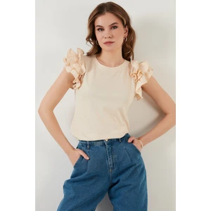Kolları Fırfırlı Slim Fit Bisiklet Yaka % 100 Pamuk T Shirt Bayan T Shirt 5864500